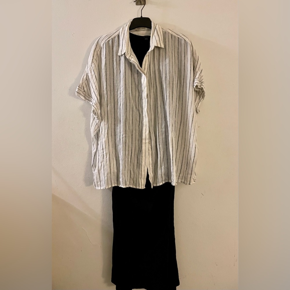 AllSaints women’s short sleeved shirt, understated stripes muslin type material